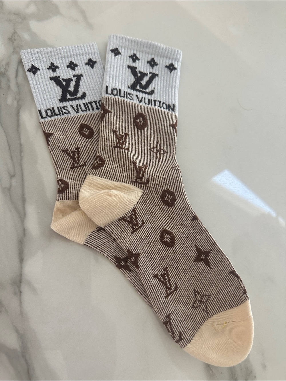 Brown & White Monogram Crew Socks with Cream Accents